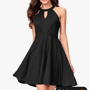 Elegant Black Halter Dress LBD keyhole neckline fitted waist a-line skirt